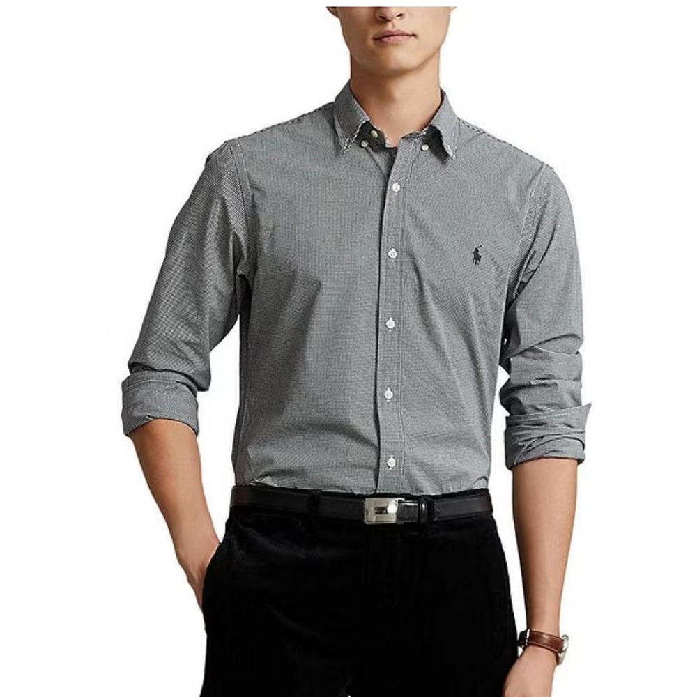Ralph Lauren Button Down Mens Large Black Gingham Slim Fit Stretch Shirt